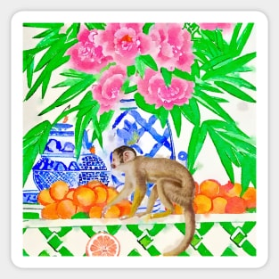 Monkey stealing oranges watercolor Sticker